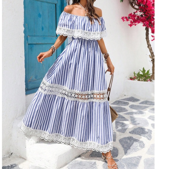 Boho Lace Off Shoulder Stretchy Waist Maxi Dress - Picture 2 of 4